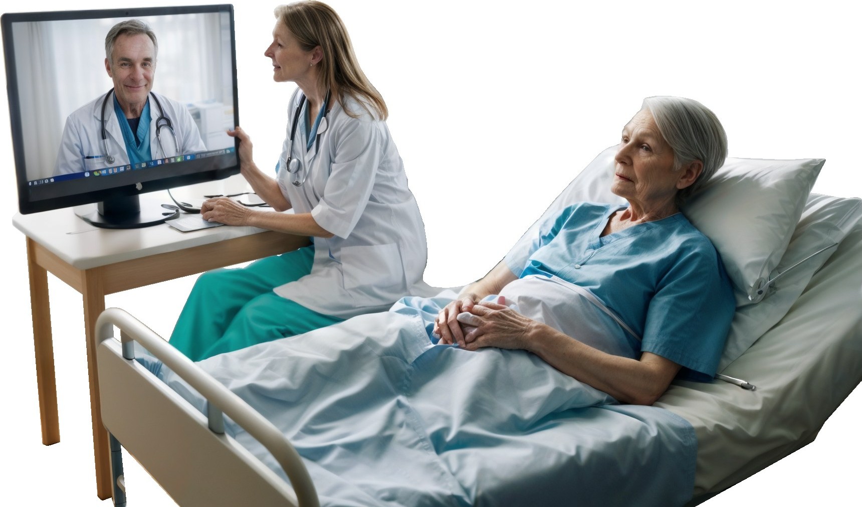 Nurse practitioner at the bedside backed by a remote physician